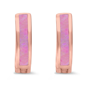 Hoop Huggie Earrings Rose Tone, Lab Created Pink Opal 925 Sterling Silver (12mm)
